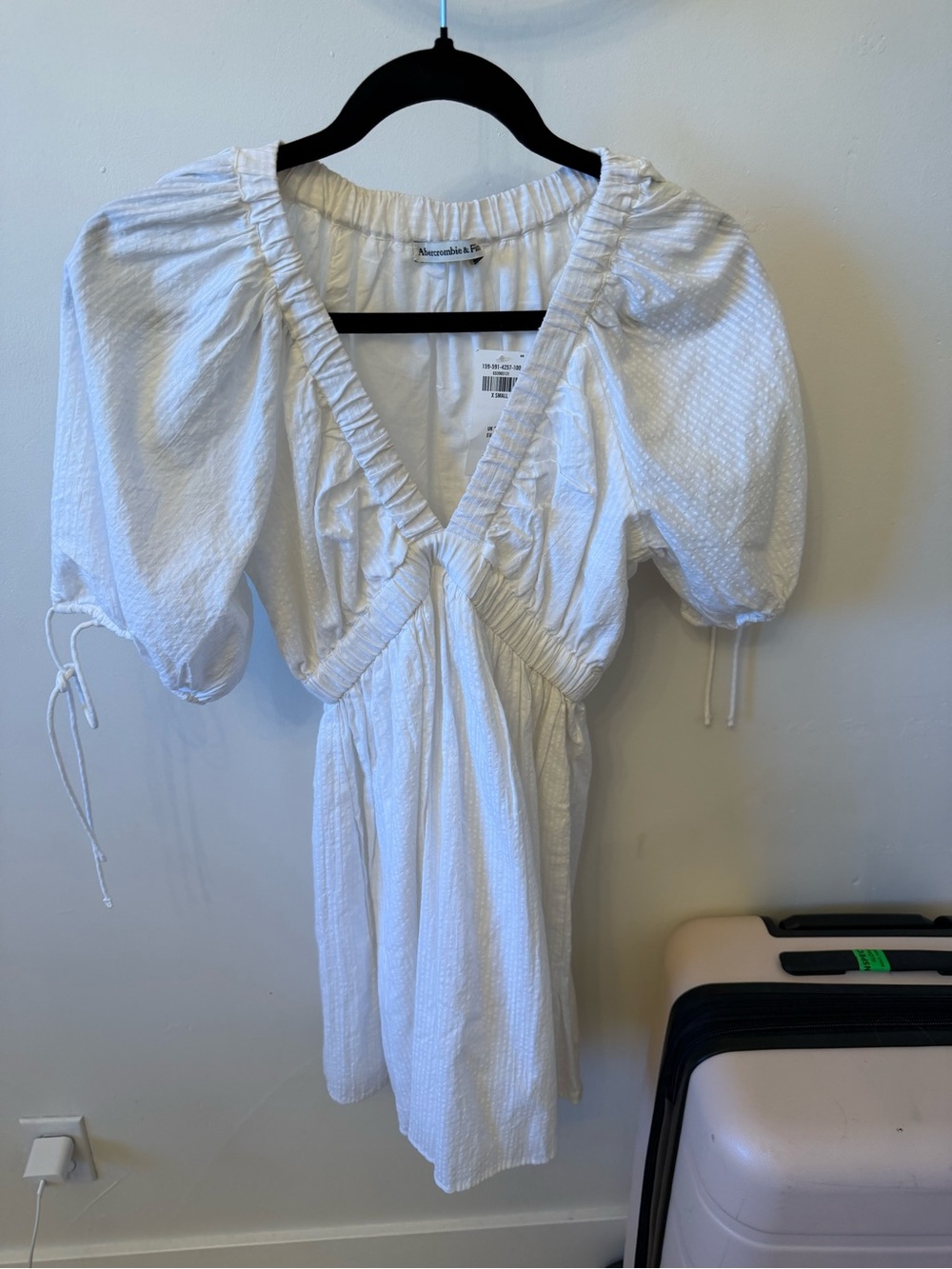 Abercrombie & Fitch White Textured Puff-Sleeve Mini Dress